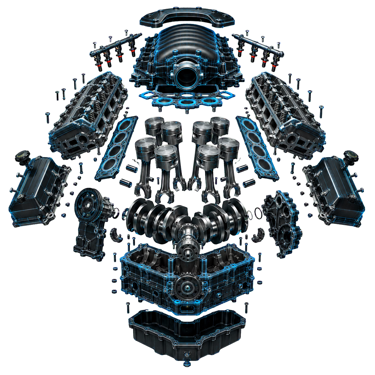 Explosionsdarstellung eines V8-Motors